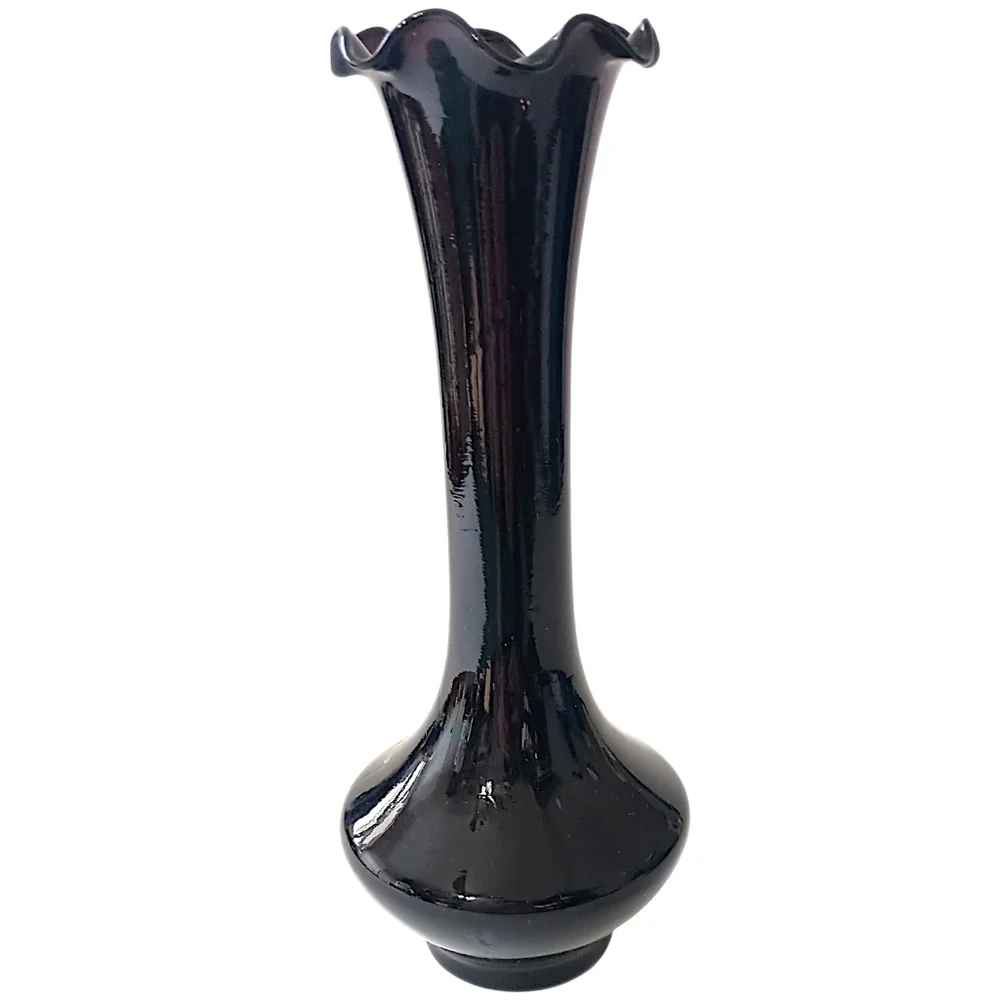 Vintage Black Amethyst Glass Bud Vase Floral Ruffled Fluted Top Edge‎ Victorian